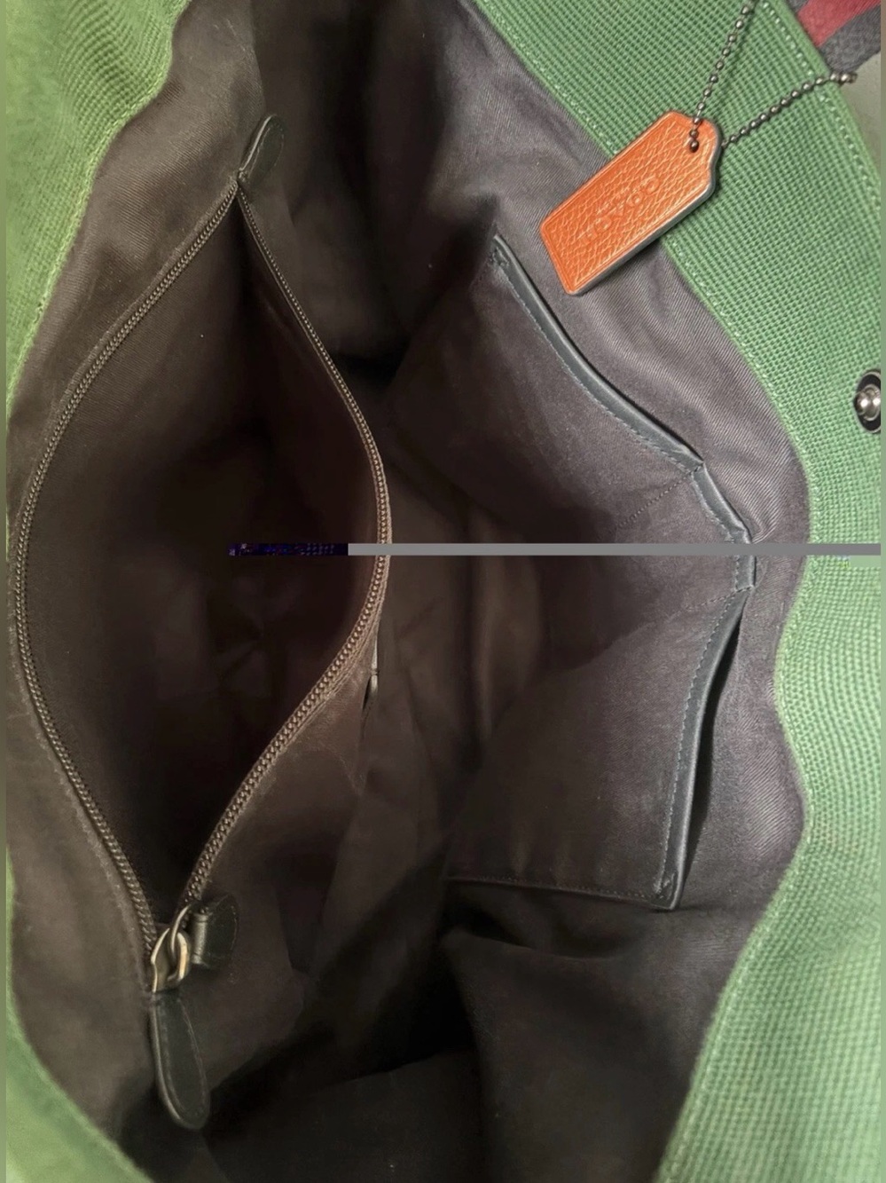 COACH Tote Bag 38 in Colorblock Forest Green Canvas/ Brown Leather/ Navy Stripes - Picture 13 of 16